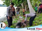 Polisi saat mengevakuasi mayat yang ditemukan di pantai Dimpalon Baru Kecamatan Kintom Kabupaten Banggai Banggai.
